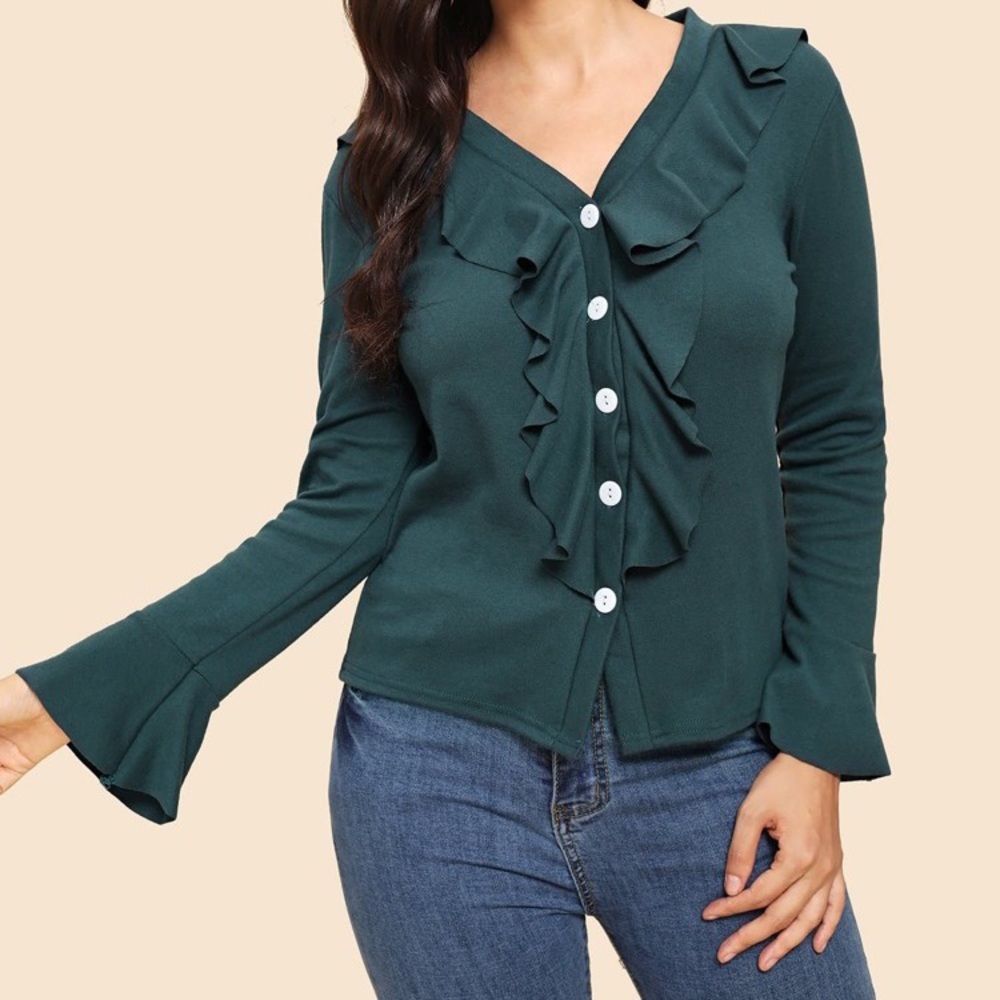 Teal ruffled button down long sleeve top